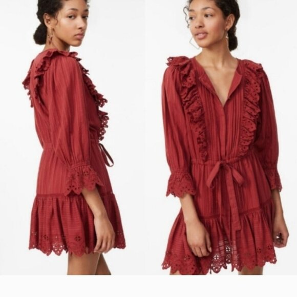 Rebecca Taylor Dresses & Skirts - Rebecca Taylor La Vie Satin Stripe Dobby Ruffle Eyelet Red Mini Dress Size Sm
